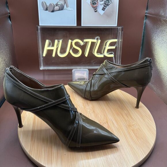 CHLOE Leather Point Toe Heel Booties Army Green Size 7.5 - Picture 7 of 11